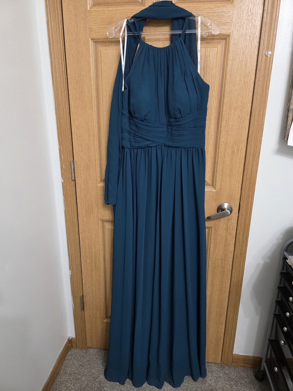 Formal Halter Maxi Dress in Teal with Draped Waist And Scarf